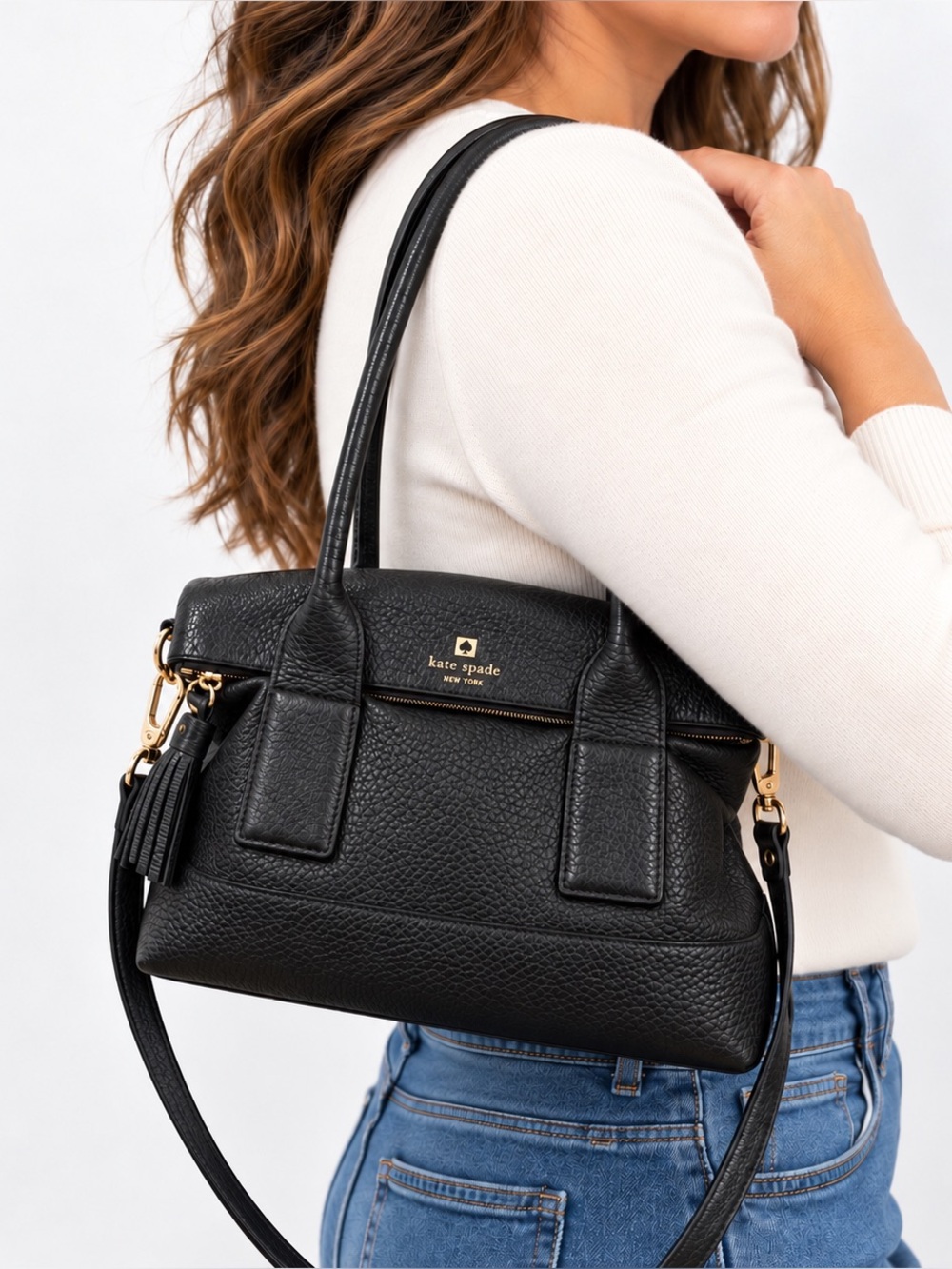 Kate Spade Black Pebbled Black Leather  Satchel Shoulder Crosssbody Bag EUC